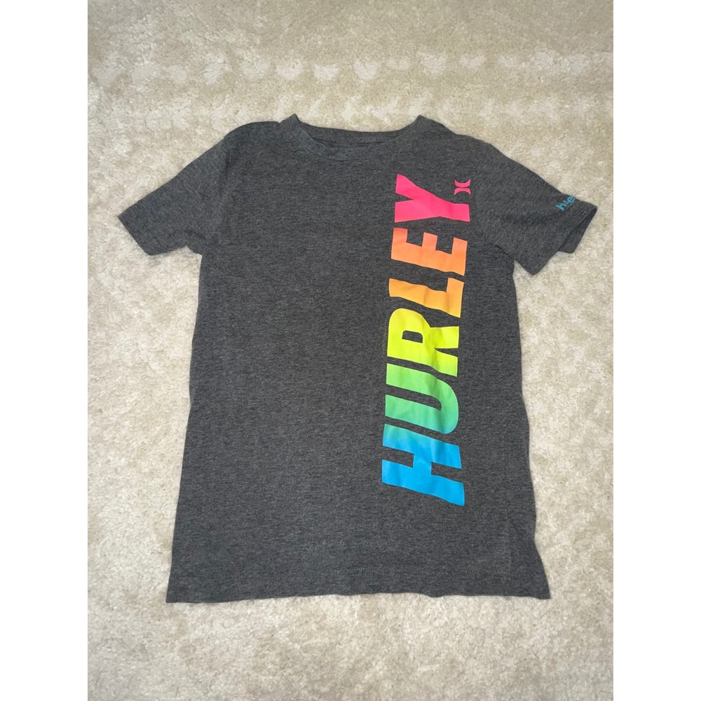 Hurley Boys Charcoal Heather Grey Rainbow Gradient Logo Graphic Tee  M 10-12
